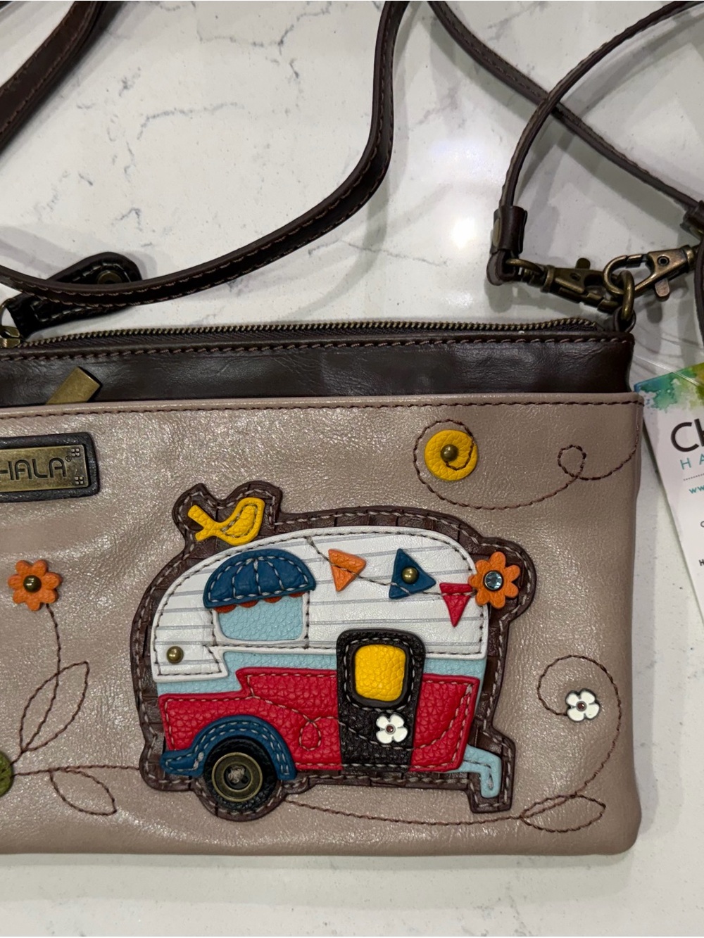 Chala Taupe Crossbody Bag with Colorful Camper Appliqué